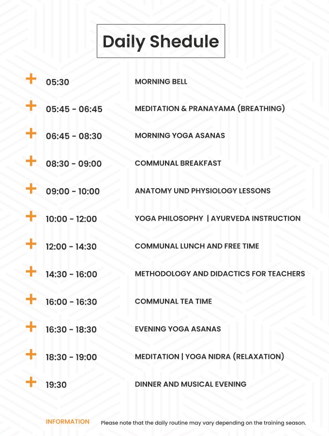 200 Hour Yoga Teacher Training Daily Schedule